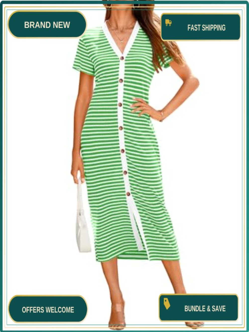 BTFBM Women's Ribbed Knit Midi Dress Short Sleeve Striped Bodycon Summer